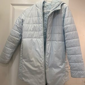 The North Face Ice Blue Girl’s Winter Coat, Reversible, fuzzy inside.